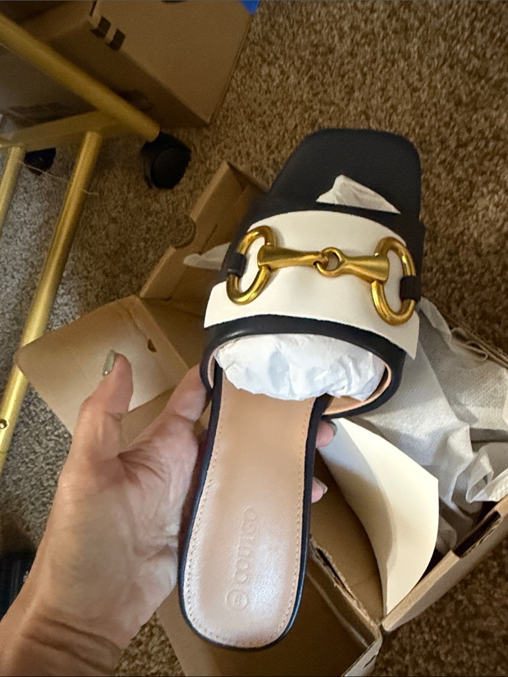 Navy Women's Slide Sandal with Gold Horsebit Accent